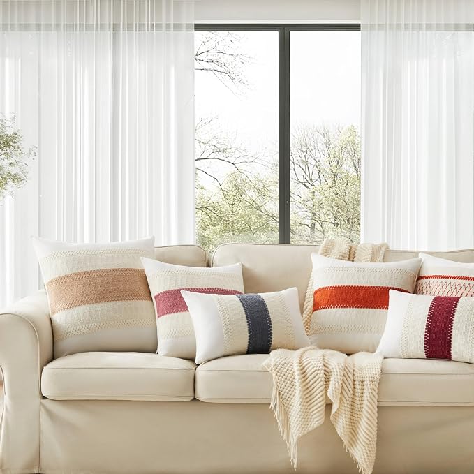2pk Boho Pillow Covers 18x18, Natural White/Contrast/Red | 100% Organic Cotton Body, Stripe Embroidery, Farmhouse Decorative Cushion Covers for Sofa Bed Living Room Home Decor