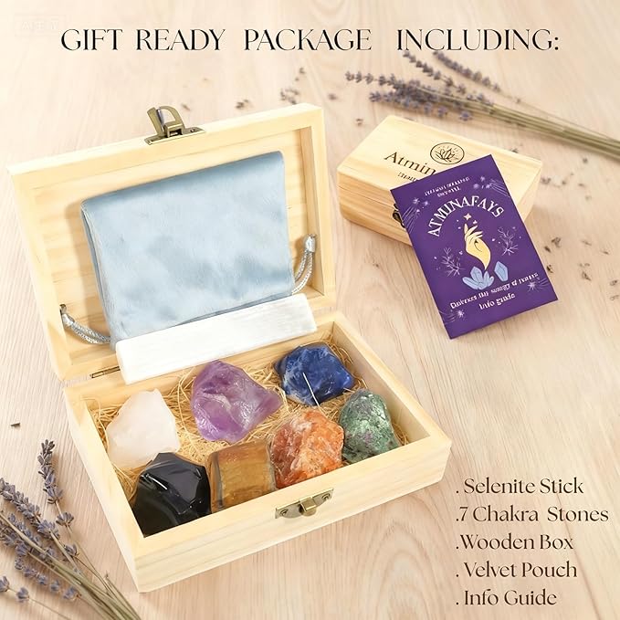 Healing Crystals Set – 7 Raw Chakra Stones & Selenite Stick | Unpolished Crystal Healing Stones for Meditation, Yoga, Reiki | Wooden Box with Velvet Pouch & Guide