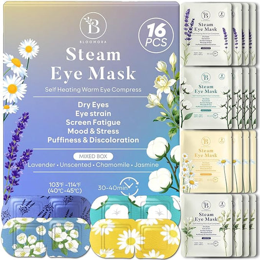 BLOOMORA 16 Pack Steam Eye Mask Variety Set Lavender Chamomile Jasmine and Unscented, Heated Eye Masks for Dry Eyes Puffiness and Relaxation, Self Heating Warm Compress for Sleep and Travel