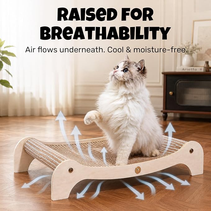Cat Scratcher Bed for Indoor Cats, Large Wooden Hammock with Natural Jute Pad, 2-in-1 Scratcher Lounge Chair to Protect Furniture (Large)