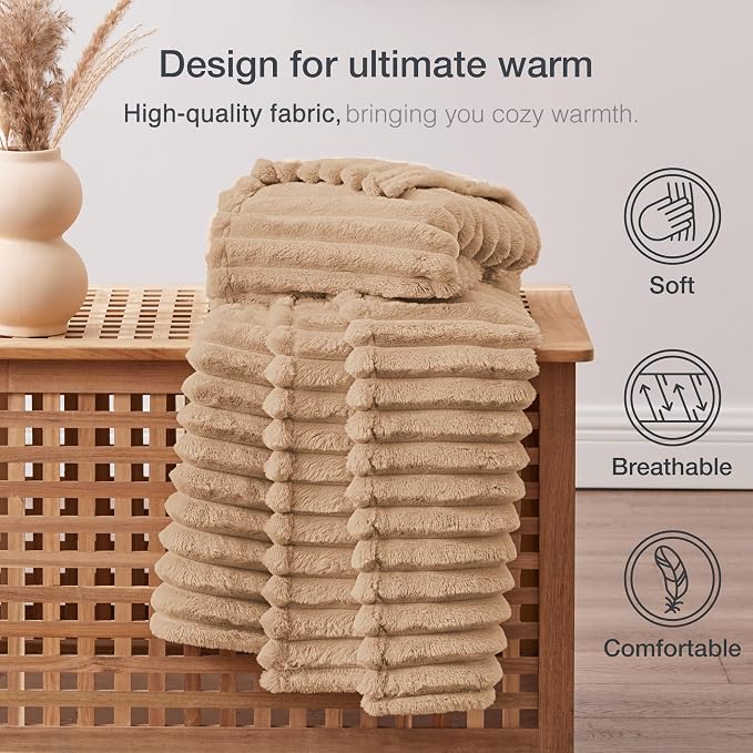 EXQ Home Fleece Throw Blanket for Couch or Bed - 3D Stripe Jacquard Decorative Blankets - Cozy Soft Lightweight Fuzzy Flannel Blanket Suitable for All Seasons(50"×60",Camel)