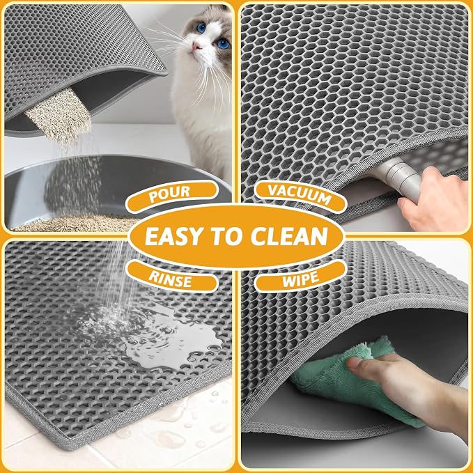 Pieviev Cat Litter Box Mat, Double-Layer Urineproof Design, 47" x 36" Gray | Honeycomb Litter Trapping Mat Captures Scattered Particles to Stop Tracking, Waterproof Base Protects Floors, Easy to Clean