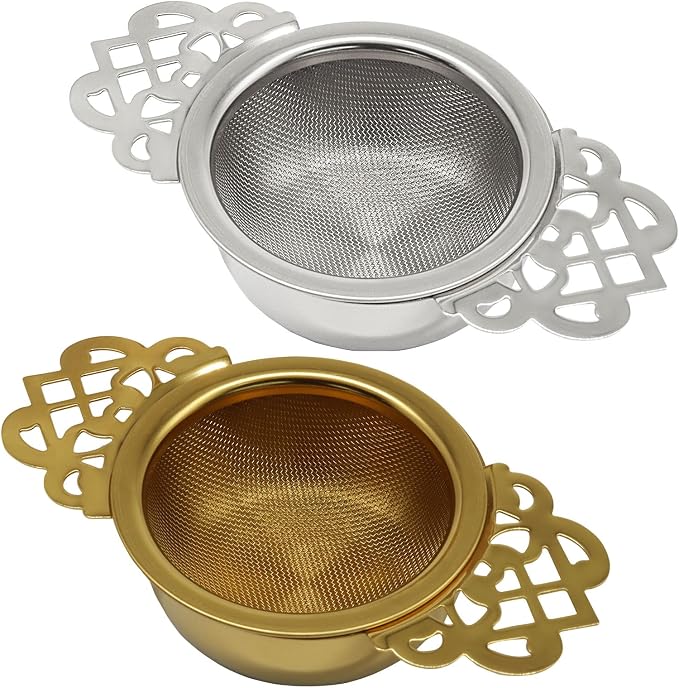 2 Pcs Tea Strainer Bowl, Stainless Steel Loose Leaf Tea Filter for Easy Brewing and Cleaning, Design Fits Most Standard Cups (Gold, Silver)