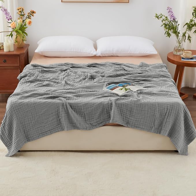 Love's cabin 100% Cotton Muslin Blanket, 6 Layer Lightweight Breathable Gauze Queen Size Blanket 90 x 90 Inches, Soft All Season Blanket for Bed, Medium Grey