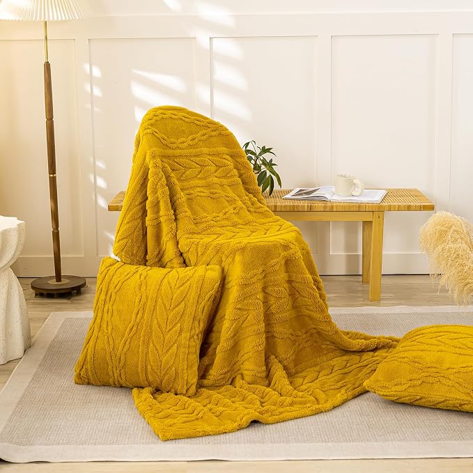 YUSOKI Sherpa Fleece Large Throw Blanket, Mustard Yellow, 50"x65" | 3D Stylish Design,320GSM, Non-Shedding, Lightweight for All Season Use, stays fluffy after repeated washes, Perfect Gifts