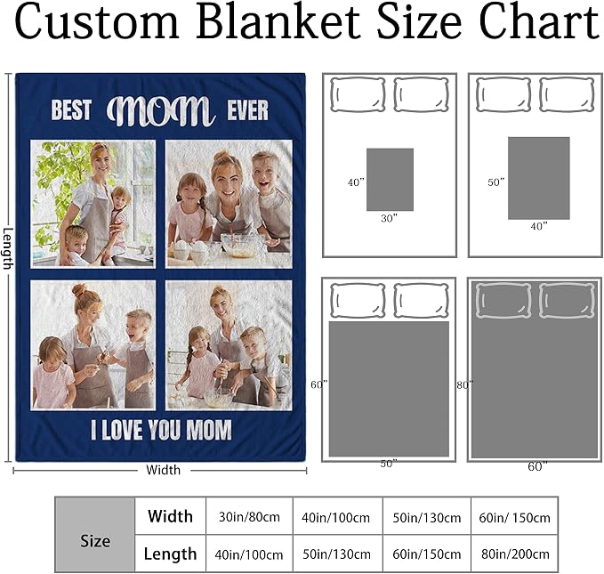 Personalized Mom Blanket, Birthday Gifts for Mom from Daughter Son | Custom Blanket with Photos Text, Mother's Day Christmas Birthday Valentine's, Customized Collage 4 Pictures Blanket