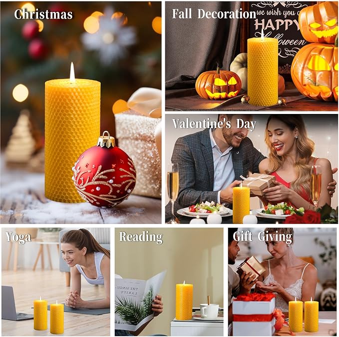 8 Pack Beeswax Piilar Candles, 360 Hours Handmade Beeswax Pillar Candles Handcrafted Honeycomb Bees Wax Candle for Home, Prayer, Unscented Candles (2.8x6 in)