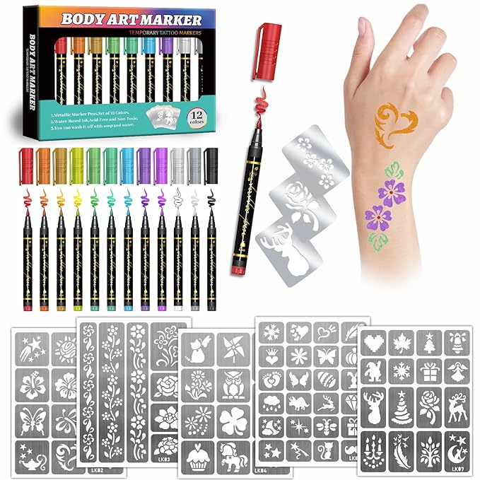 Temporary Tattoo Markers for Kids and Adults, 12 Metallic Markers and 155 Tattoo Stencil Designs, Cosmetic Tattoos Pens for Party Favor Gift and Face Painting
