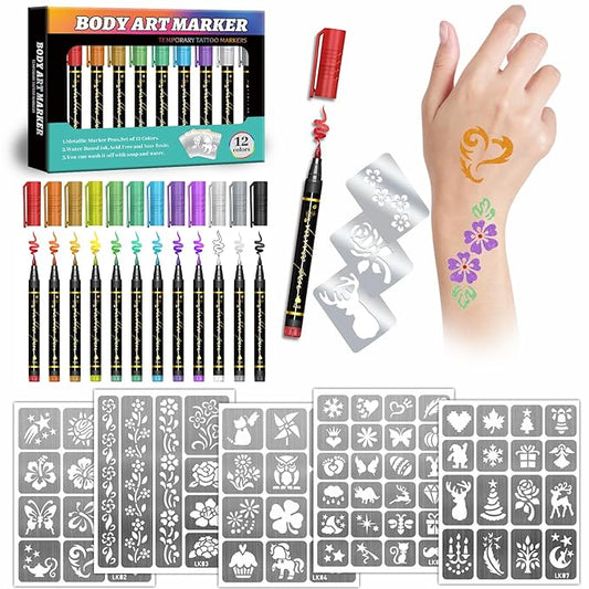 Temporary Tattoo Markers for Kids and Adults, 12 Metallic Markers and 155 Tattoo Stencil Designs, Cosmetic Tattoos Pens for Party Favor Gift and Face Painting