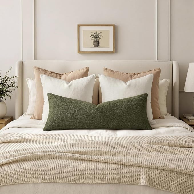 MIULEE Textured Boucle Lumbar Pillow Cover for Bed 14x36 Olive Green | Pack of 1 Textured Neutral Couch Throw Pillow Cover, Accent Solid Long Body Pillowcase, Sofa Living Room Home Decor