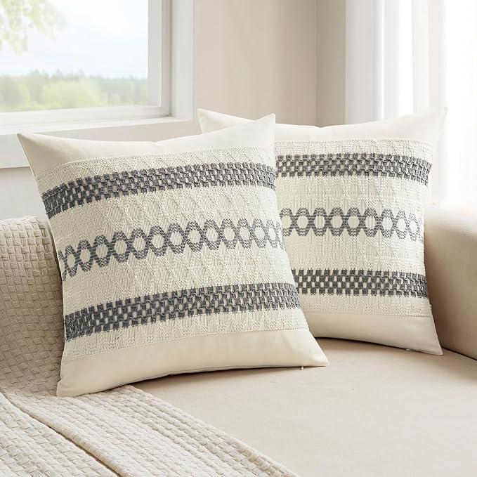 MIULEE Set of 2 Gray Boho Decorative Pillow Covers 20x20 Inch | Farmhouse Couch Throw Pillows, Modern Spring Cotton Cushion Covers, Macrame Woven Home Decor for Bed Sofa Chair