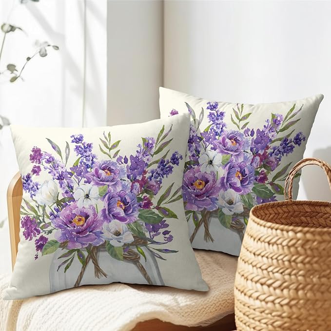 Kawani Lavender Throw Pillow Covers 18x18 Inch Set of 2 Summer Purple Floral Plants Mason Jar Farmhouse Pillowcase Cotton Linen Square Hidden Zipper Cushion Case for Home Sofa Couch