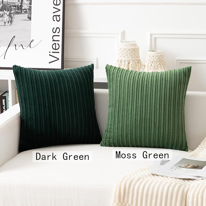 UGASA Velvet 26x26 Inch Soft Throw Pillow Covers Decorative Corduroy Striped Both Sides Solid Square Cushion Cases Boho Farmhouse for Couch Bedroom Sofa Home, Pack of 2, Moss Green