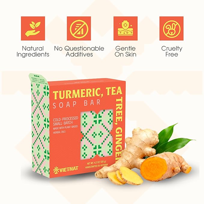 Turmeric, Tea Tree & Ginger Natural Soap Bar (4.2 oz) | Gentle Exfoliation & Refreshing Lather | Cold-Processed, Handmade in Vietnam (Pack of 1)