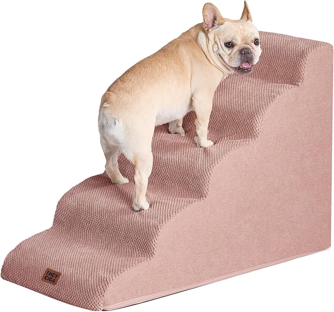 EHEYCIGA Curved Dog Stairs Ramp, 5-Step High Beds, 22.6" H Pet Step | 33D density of pure foam, for Small Dogs and Cats, Pet Stairs for High Bed Climbing, Non-Slip Balanced Indoor, Dusty Pink
