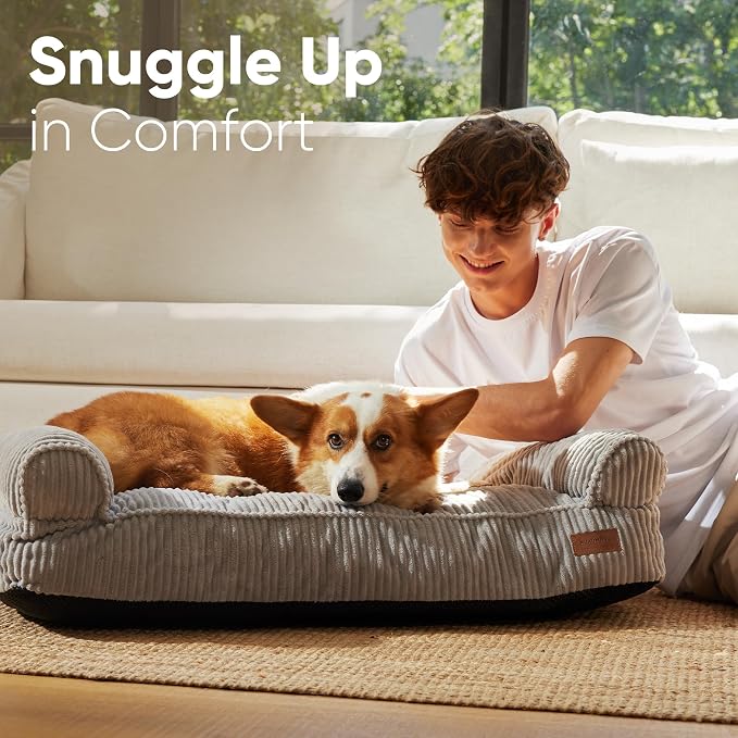 FUKUMARU Cute Dog Bed, Waterproof Corduroy Dogs Couch, 36in Orthopedic Pet Sofa for Medium to Large Dogs Dog, Warm Cotton Pet Bed with Washable Cover, Grey