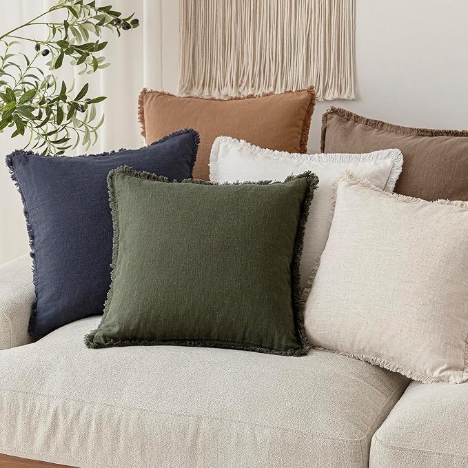 Foindtower Set of 2 Decorative Linen Fringe Throw Pillow Covers Cozy Farmhouse Cushion Cover with Tassels Accent Pillowcase for Couch Chair Sofa Bed Living Room Home Decor,16×16 Inch,Dark Olive Green