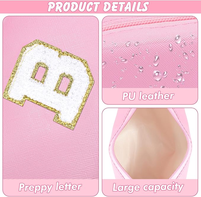 URSKYTOUS Initial Makeup Bag Personalized Preppy Travel Small Cosmetic Bag Cute PU Pink Chenille Letter Makeup Pouch for Purse Waterproof Zippered Toiletry Organizer for Women Girls Kids Friends（B）