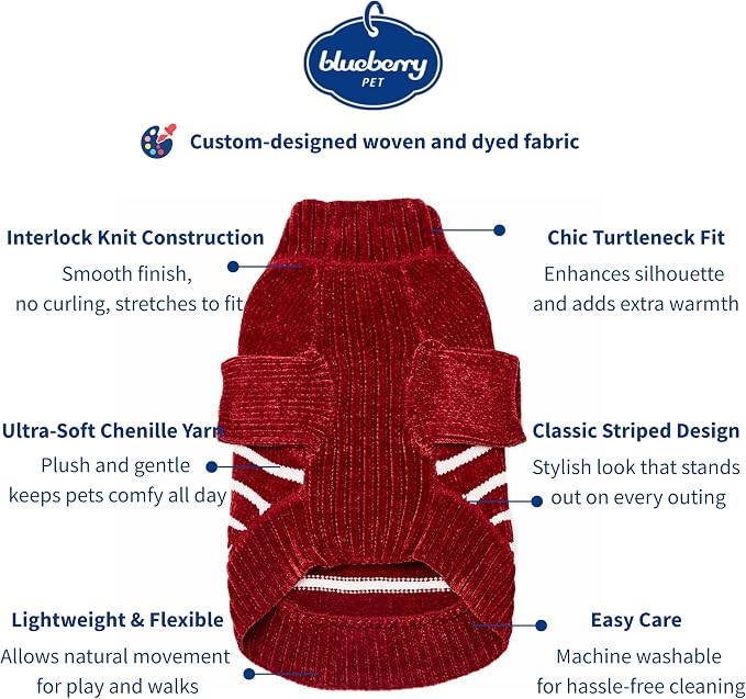 Blueberry Pet Cozy Soft Chenille Classy Striped Dog Sweater in Burgundy Red, Back Length 16", Pack of 1 Clothes for Dogs