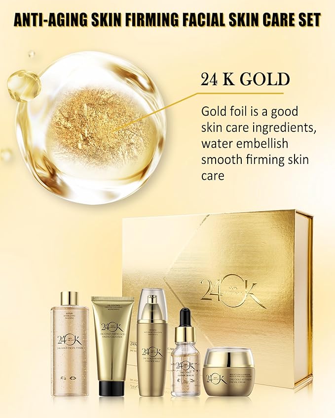 Skin Care Set,6 in 1 24K Gold Skincare Toiletries Set,Moisturizing Brighten Facial Skin Care Product Kit with Cleanser,Toner,Face Serum,Face Cream,Valentine's Women's Day Skincare Kit for Women Mom