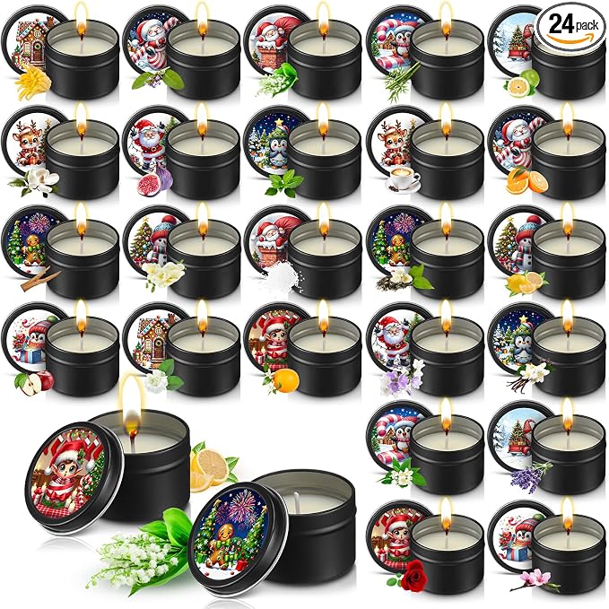 Nuanchu 24 Pack Christmas Scented Candles Gift Set Cartoon Candle for Her Him 2oz Natural Soy Wax Jar Long Lasting Aromatherapy Bulk Favors Set for Christmas Party Home Decor