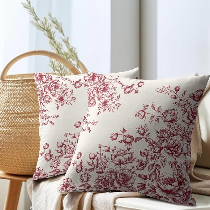 Kawani Chinoiserie Floral Throw Pillow Covers 18x18 Set of 2, Vintage Rose Pink White Flowers Square Pillowcase Cotton Linen Cushion Case for Couch Sofa Bedroom Living Room Outdoor Decor