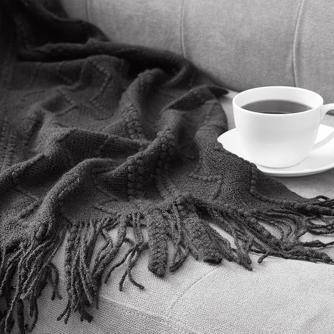 BOURINA Black Throw Blanket 50x60 Inch Boho Knitted Soft Throw Sofa Blanket | Knitted Throw Blanket 50x60 Inches, Soft Lightweight Boho Weave Throw Decorative Couch Blanket for Living Room Bedroom Chair