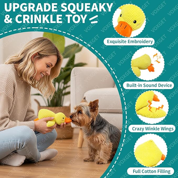 Duck Dog Toy, Plush Calming Companion with Quack, Crinkle & Squeak