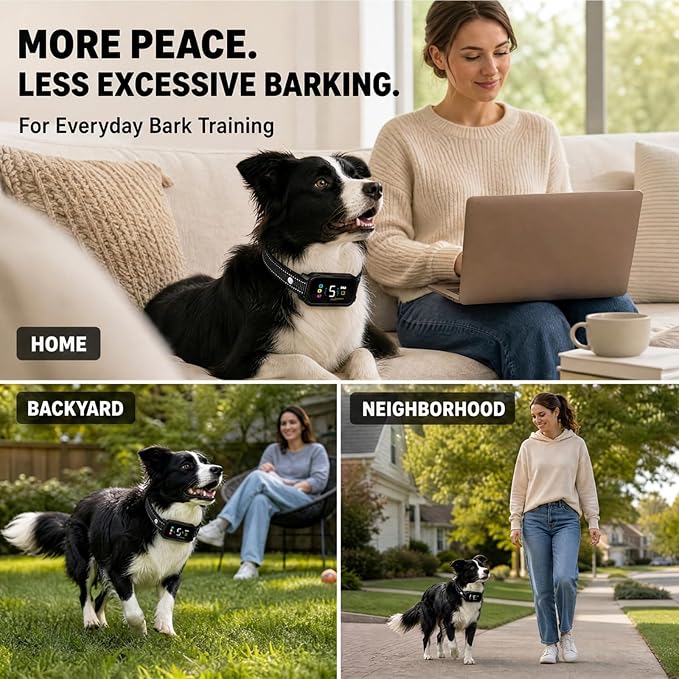 Dog Bark Control Collar for Large Medium Small Dogs 8-120 lbs, Smart Anti Barking Device with 5 Training Modes, Adjustable Sensitivity, Beep Vibration Static, Color: Midnight Black