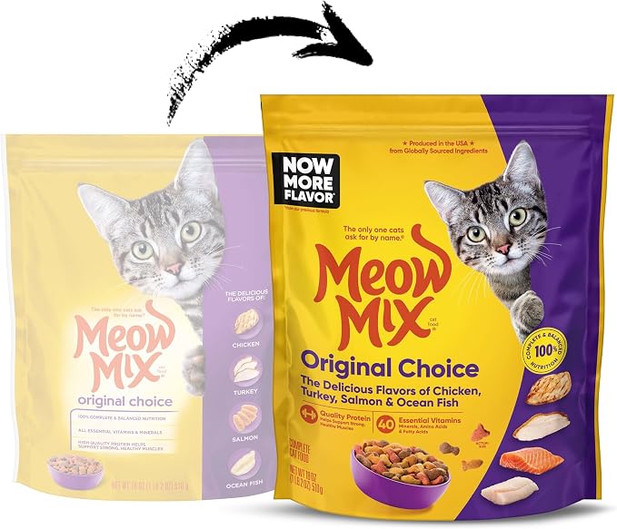 Meow Mix Original Choice Dry Cat Food, 18 oz Pouches | 6-pack, crunchy cat kibble, 100% complete & balanced nutrition, high quality protein & antioxidants, all life stages
