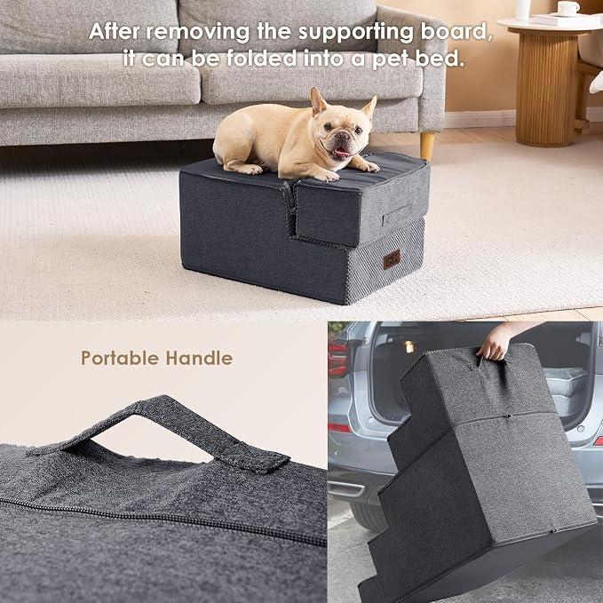 EHEYCIGA Dog Stairs for Small Dogs 16.5" H, 3-Step Extra Wide Ramp, Grey | Pet Steps for Couch Sofa and Chair, Pet Steps for Medium Cats, Non-Slip Balanced Pet Ramp Indoor