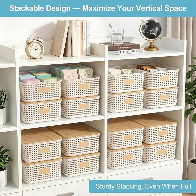 4 Pack Plastic Storage Bins with Bamboo Lids, 6.2qt Stackable Storage Organizer Box with Lable for Pantry Shelves Drawers Desktop Office, 12"L x 8.3"W x 3.5"H, Cream White