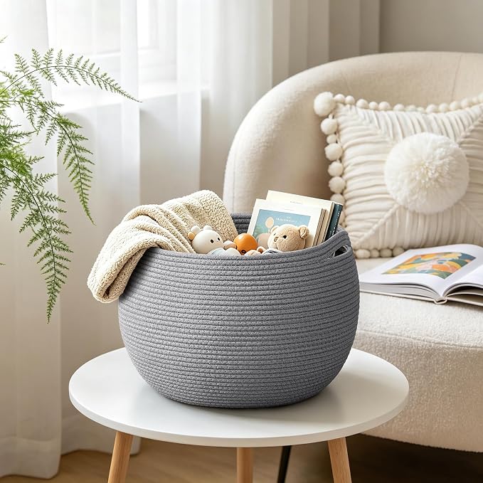 Goodpick Large Woven Storage Basket with Handles, 15.7" x 10.5", Grey | Round Toy Storage for Kids, Cotton Rope Basket for Nursery Living Room, Holds Blankets, Toys & Baby Shower