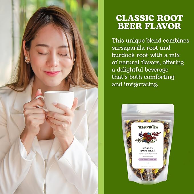 Nelson's Tea Really Root Beer - Cut & Sifted Sarsaparilla Root Tea Loose Leaf - Caffeine Free, Classic Herbal Blend with Burdock, Birch Bark, Dandelion, Licorice, Ginger and More (16 oz)