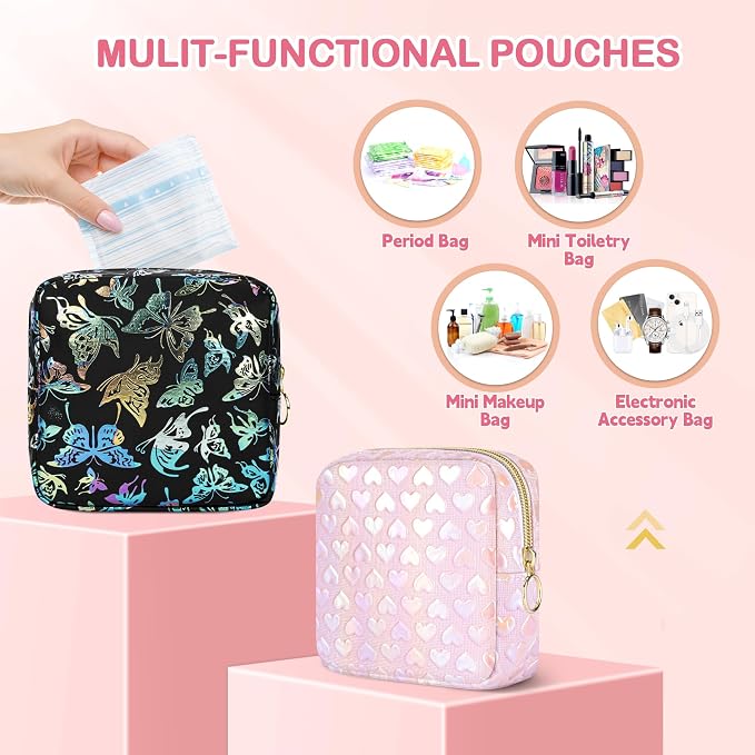 Likesing Period Bag Pouch, Leather Sanitary Napkin Storage Bag for Girls Womens, Portable Sanitary Napkin Period Pad Pouch Bag for Purse (Pink-3D Love)