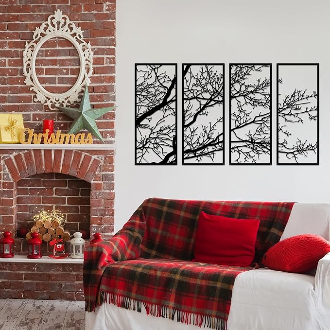 ESTART 4 Pieces Tree of Life Metal Wall Decor, Black Tree Branch Metal Wall Art, Tree Sign Wall Hangings for Home Garden Office Living Room Indoor Outdoor (Large)