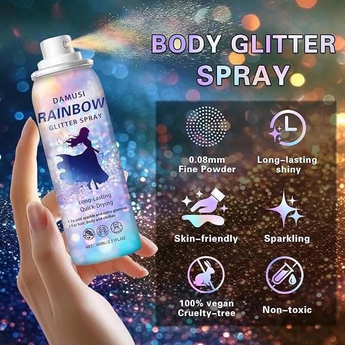 DAMUSI Gold Body Glitter Spray, Shiny Hair and Body Glitter Spray for Clothes, Holographic Glitter Hairspray Quick-Drying Long-Lasting Shimmer Highlighter Powder for Festival Concert Party Rave Prom