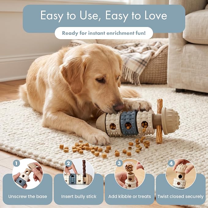 Ali+Oli Pets Bully Stick Holder & Treat Dispensing Dog Toy – Interactive Dog Puzzle Toy for Boredom, Slow Release Kibble Dispenser, Durable Dog Chew Holder for Safe Long-Lasting Play