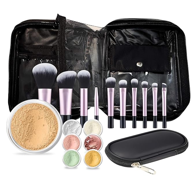 19 pc STARTER KIT w/BRUSHES & CASE (BEIGE) Mineral Makeup Foundation Blush Bronzer Illuminating Veil Set Bare Skin Matte Powder