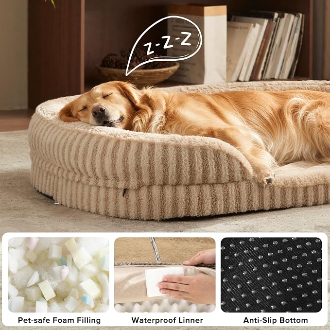 MIXJOY Orthopedic Dog Beds Large Sized Dog,Extra Large Washable Dog Bed Waterproof Oval Dogs Bed with Removable Cover,Egg-Crate Foam Big Pet Bed Couch with Bolster,Non-Slip Bottom,XL 42"X32",Brown