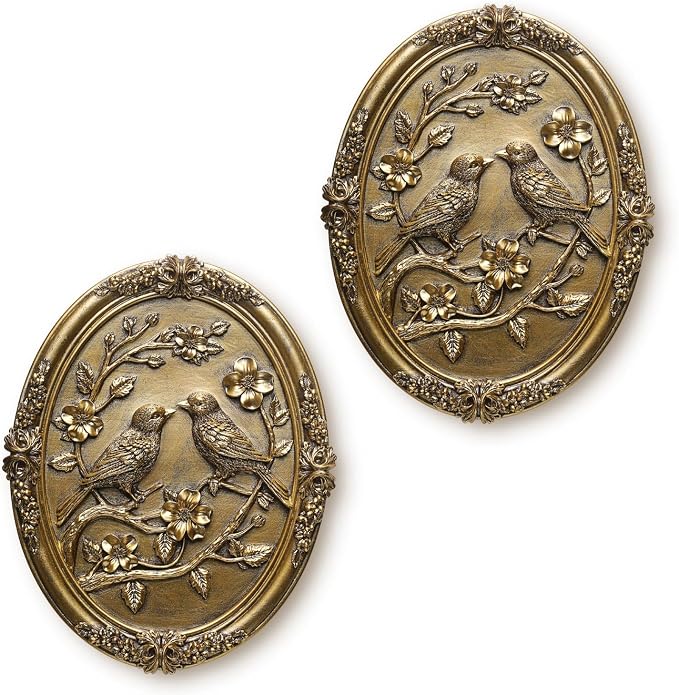 Vintage Bird Wall Art 2 Pack Antique Wall Decor Retro Wall Art Bird Wall Sculpture Hand Painted Wall Decoration with Embossed Birds Design Vintage Decor for Living Room Bedroom Gallery Unique Gifts (Gold Birds)