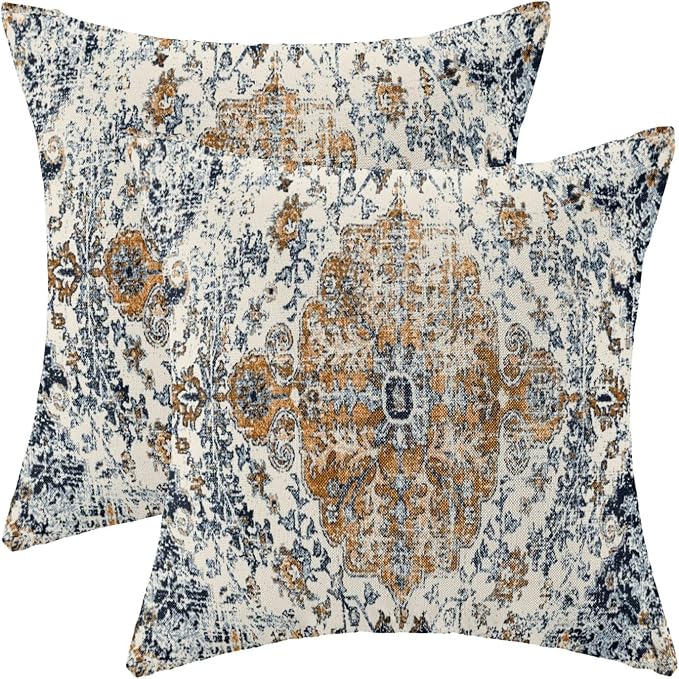 AEIOAE Boho Pillow Covers 24x24 Inch Set of 2,Carpet Pattern Throw Pillows Case,Rust Blue Ethnic Design Outdoor Decorative Square Linen Farmhouse Decor Cushion Covers for Home Sofa Bed Couch