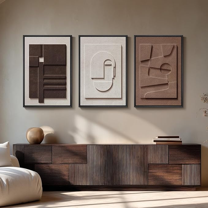 Large 3D Textured Framed Neutral Abstract Wall Art Set, 3 Piece, 20x30 In | Solid wood frames, sculptural relief details, white and brown tones, ready to display in living room, bedroom and lounge