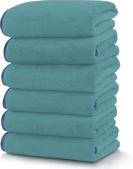 TENSTARS Silk Hemming Hand Towels for Bathroom - Quick Drying - Ultra Soft Microfiber Absorbent Towel for Bath Fitness, Gym, Shower, Hotel, and Spa - 16x28 Inch | Set of 6, Teal