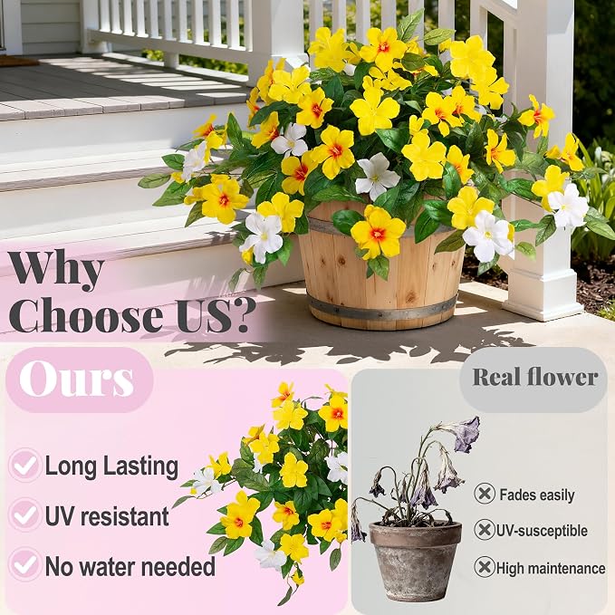 INXUGAO Artificial Hanging Faux Flowers for Outdoors Planters 2PCS Fake Flowers Silk Hibiscus Flowers for Outside Outdoor Faux Hanging Plants UV Resistant Spring Home Front Porch Decoration