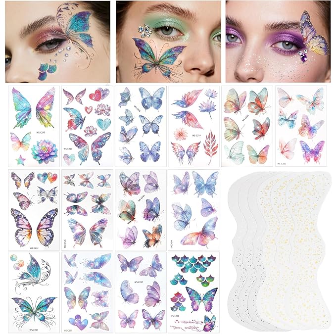 Yosca Butterflies Glitter Tattoos, 14Pcs Sparkle Butterfly Temporary Tattoos, 6Pcs Metallic Gold Silver Glitter Freckles for Eye Face Makeup Mermaid Butterfly Party Favors Butterflies DIV Accessories