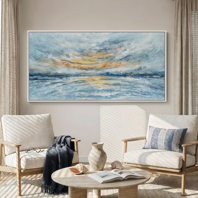 Extra Large Framed Blue Coastal Abstract Wall Art for Living Room, 36x72 In | Blue gold canvas prints, Horizontal landscape paintings, Modern artwork for walls, Picture wall decor for bedroom dining room