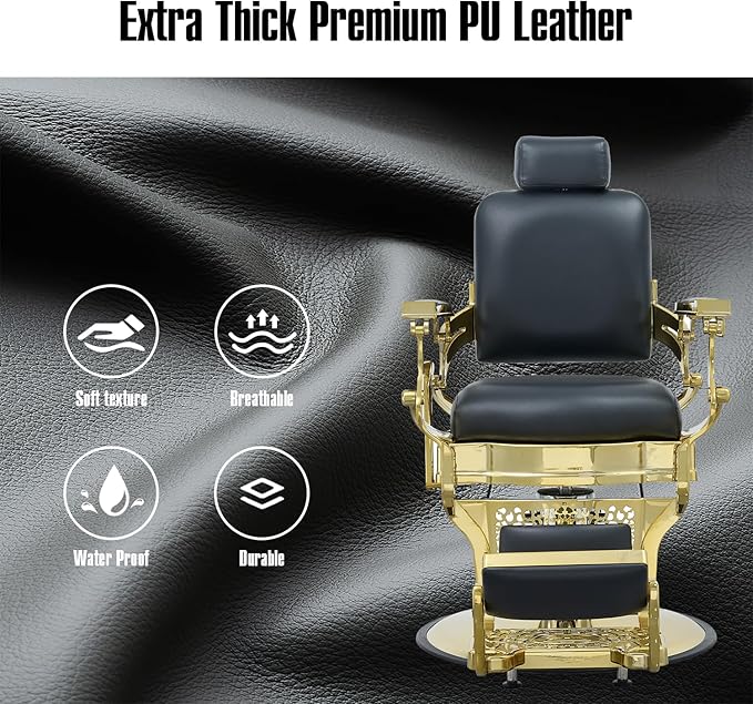 FRNIMAC Heavy Duty Barber Chair, All Purpose Vintage Style Mens Barber Chair Hydraulic Recline Salon Chair Barbershop Equipment for Beauty Spa Tatoo Massage, Golden and Black