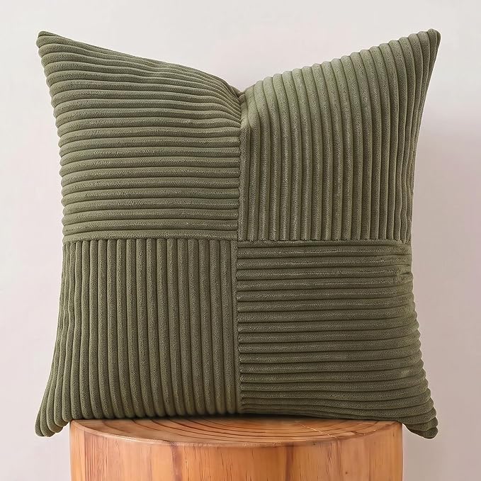 Fancy Homi Olive Green Decorative Throw Pillow Covers 20x20 Inch for Living Room Couch Bed Sofa, Rustic Farmhouse Boho Home Decor, Soft Corss Corduroy Patchwork Accent Cushion Case 50x50 cm