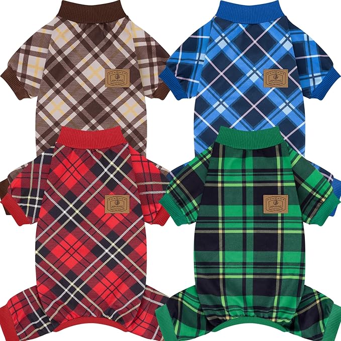 XPUDAC 4 Pack Dog Pajamas Plaid Dog Clothes for Small Medium Dogs Girl Boy Comfy Puppy Onesie Pet Christmas Outfit Cat Pjs Jammies, S